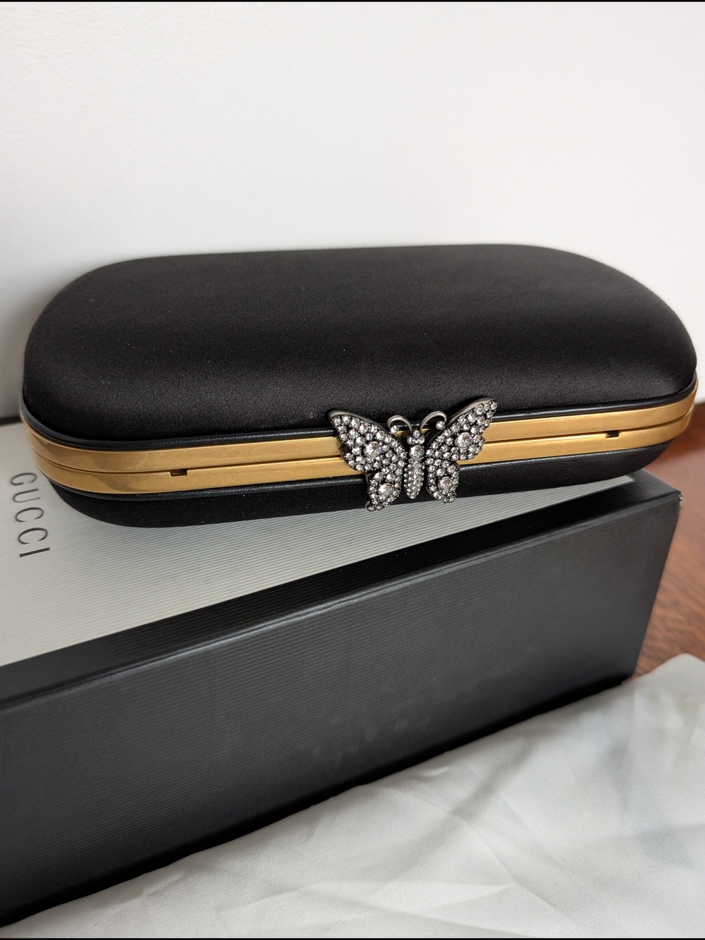 RARE Gucci Broadway Black Satin Clutch w Butterfly Clasp And Gold Chain